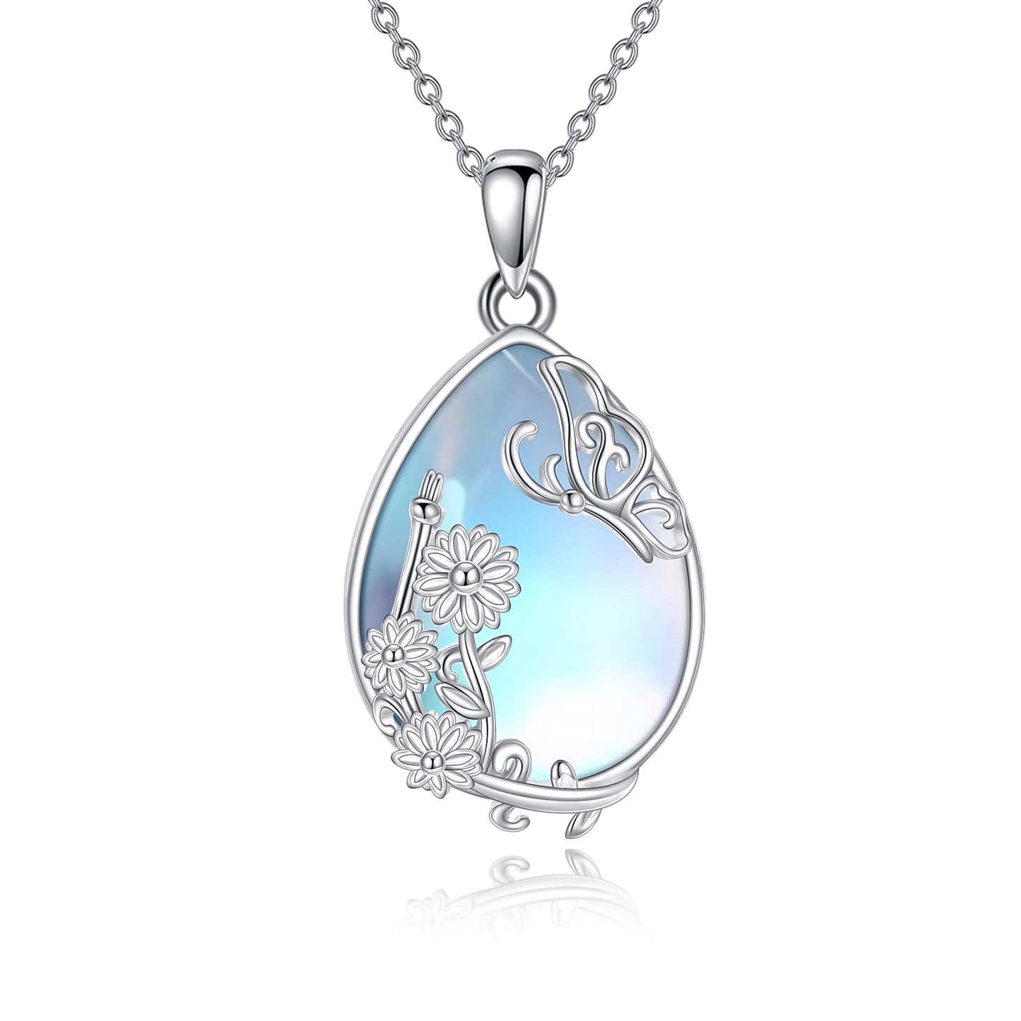YAFEINI 925 Sterling Silver Moonstone Necklace Filigree Butterfly Pendant Necklace Jewelry for Women (Y-Butterfly Moonstone Necklace)
