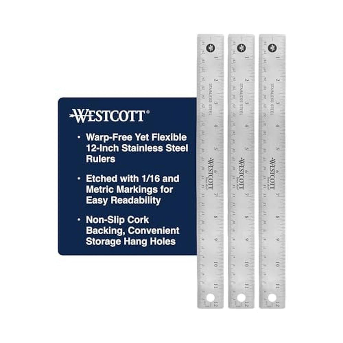 Westcott Stainless Steel Ruler Set with Non-Slip Cork Backing, Easy to Read Etched Markings, Flexible and Sturdy Design, for Crafting, Office, Classroom, Back to School Supplies, 12-Inch, 3 Pack
