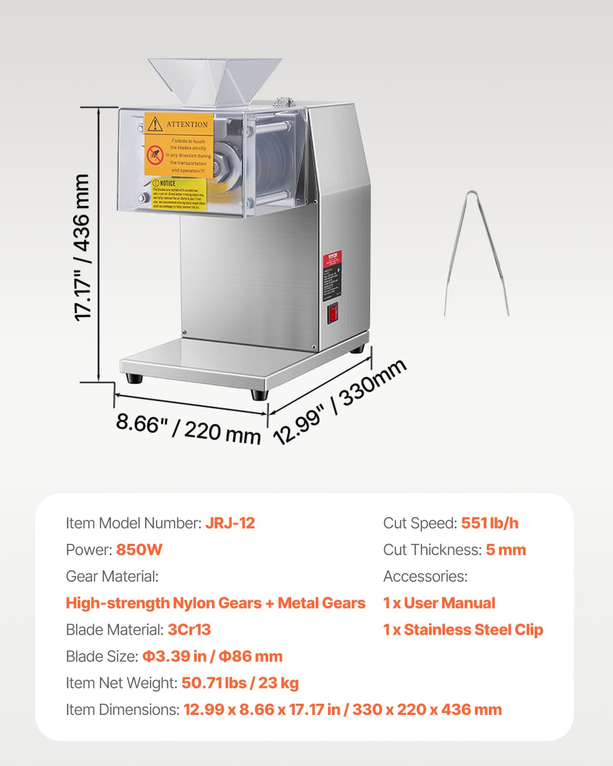 VEVOR 850W Meat Slicer, Commercial Meat Cutting Machine, Stainless Steel, 5 mm Thickness, Detachable Blades, Electric Food Slicer for Home Kitchen Restaurant Supermarket