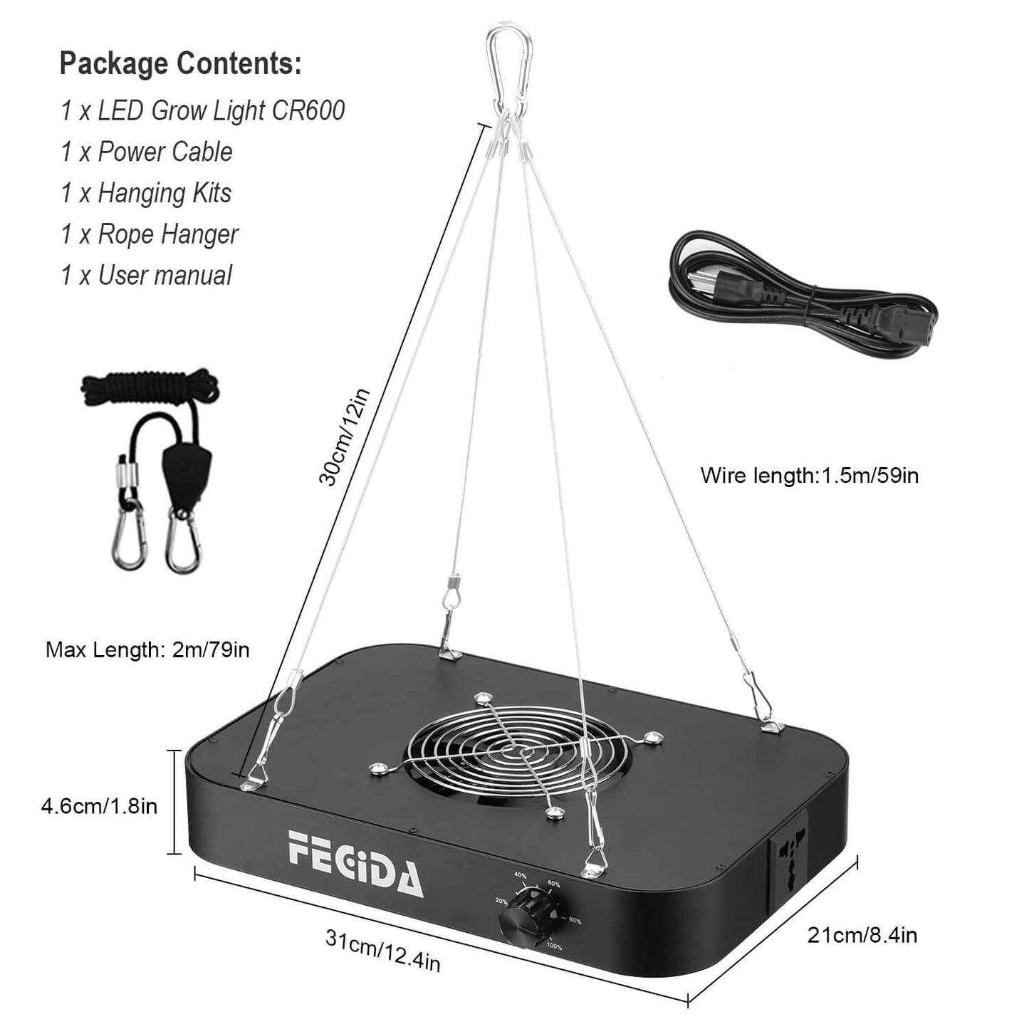 FECiDA 600W Equivalent LED Grow Light, 65W True Power Full Spectrum Plant Light, 0–100% Dimmable, Daisy Chain, Quiet Cooling Fan for Indoor Plants Seedling Veg Bloom