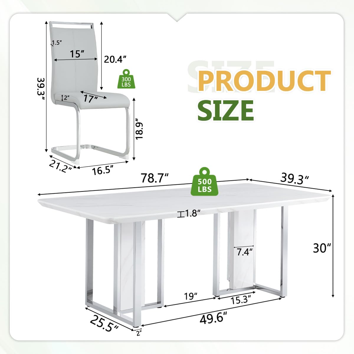 MEMUY 79" Modern Dining Table Set for 8,White Dining Room Table with 8 Light Grey PU Chairs, Modern Rectangular Kitchen Table and Chairs Set of 8 with Silver Base