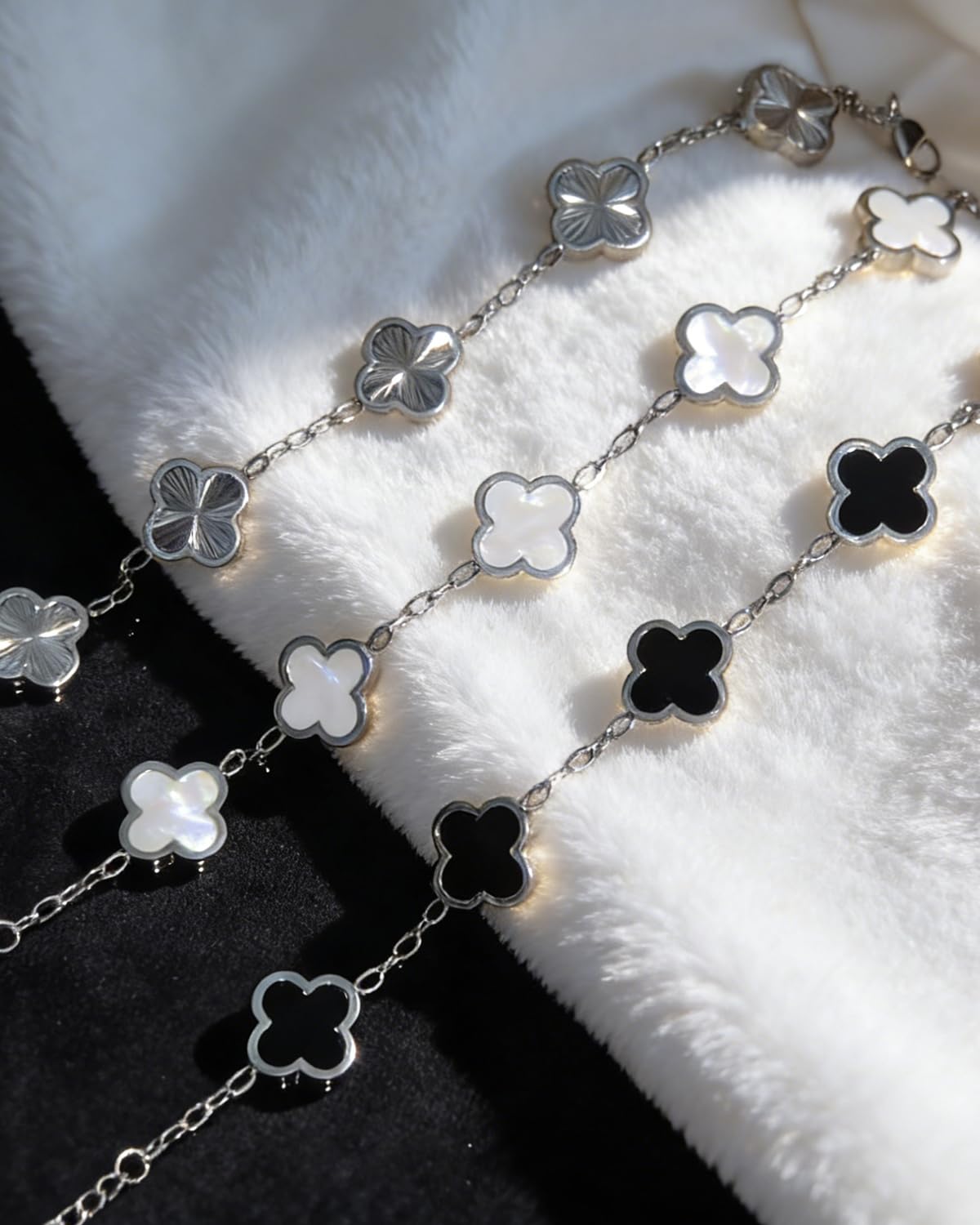 Aimétte Monette Silver Bracelets for Women, Four Leaf Clover Bracelet 2 Pcs, Silver Jewelry for Women, Black and White Flower Bracelet, Silver Jewelry Set