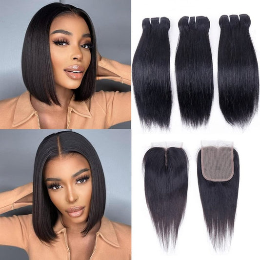 Brazilian Straight Human Hair Bundles with Closure(10 10 10+10) Straight 3 Bundles with Closure 50g 10A Unprocessed Straight Virgin Short Bob Hair Bundle Natural Black Color