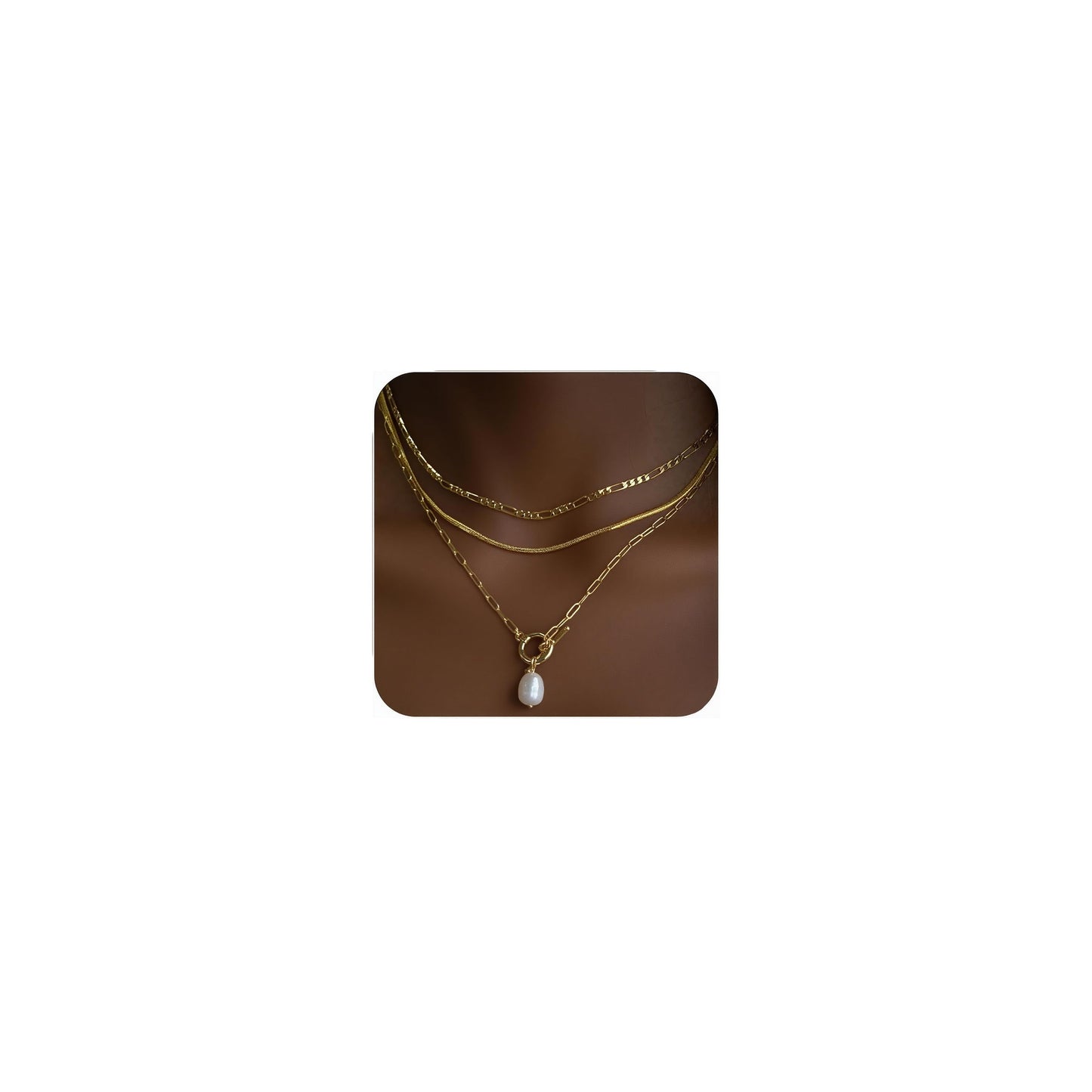 Hclian Gold Layered Necklaces for Women,3Pcs Dainty 14k Gold Plated Stackable Choker Necklaces for Women,Trendy Layering Pearl Chain Paperclip Pendant Jewelry Set Gifts