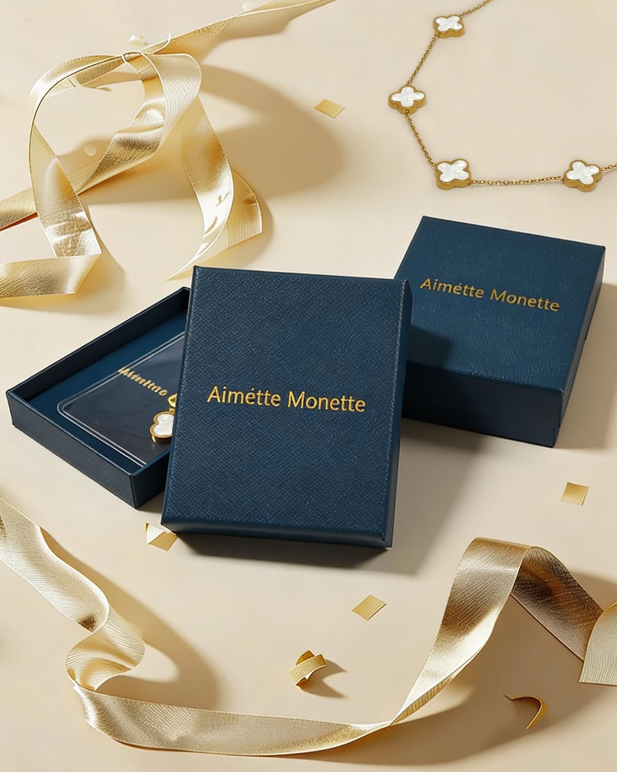 Aimétte Monette 18K Gold Plated Jewelry Set, Clover Necklace, Clover Bracelets and Stud Earrings Set, Women's Hypoallergenic White Gold Lucky Bracelet and Necklace Fashion Gifts for Women Trendy