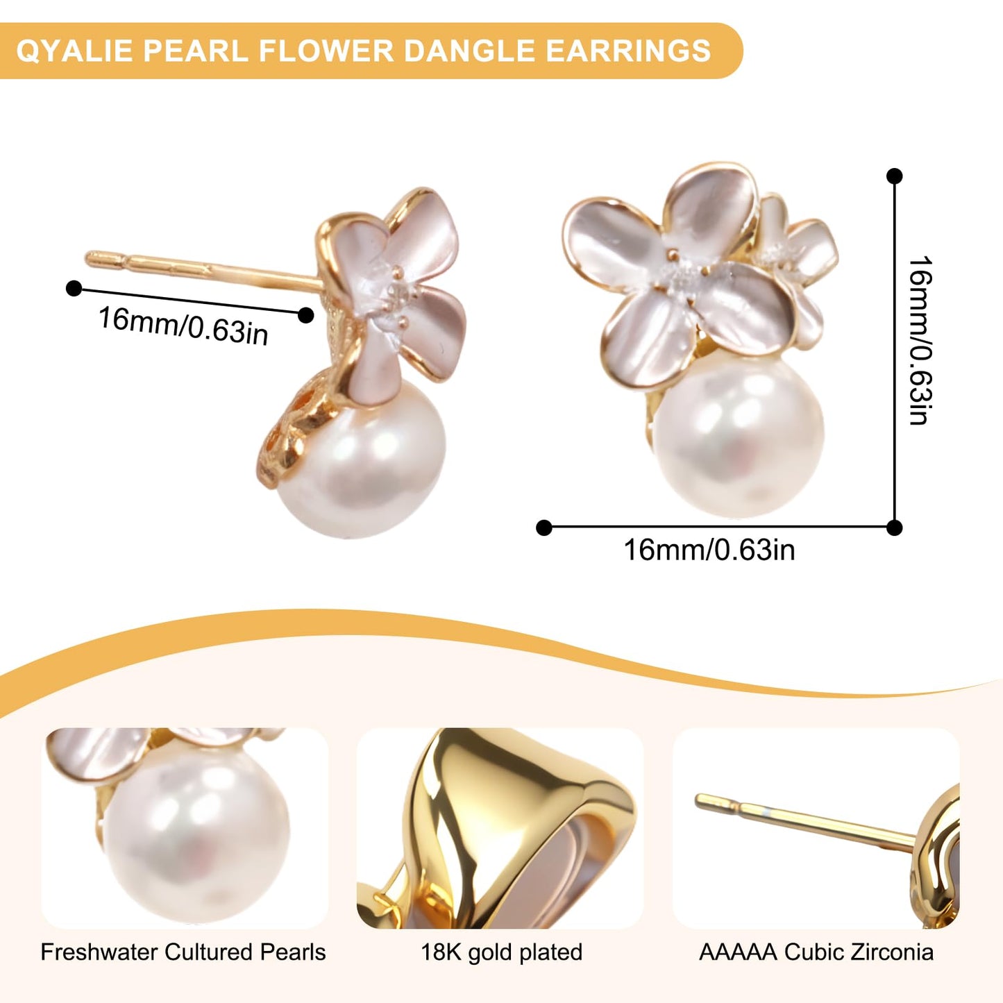 Pearl Earrings Natural Freshwater Cultured Pearl Stud Earrings for Women, 18K Gold Plated, Genuine 925 Sterling Silver, Hypoallergenic, Elegant Jewelry Gift for Sensitive Ears