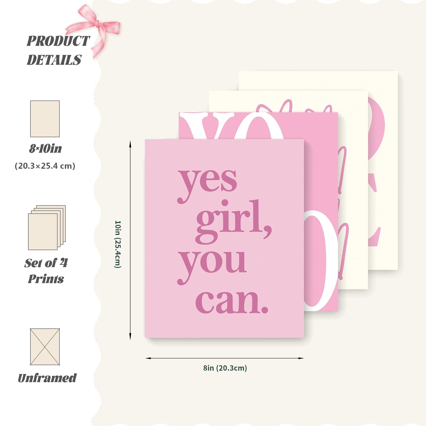 LARTSFRO Coquette Inspirational Pink Girls Room Decor Posters,Inspirational Pink Girls Minimalist Wall Art Room Decor Bedroom Dorm Room Bathroom,Aesthetic Gifts For Teen Girls,10x8 inch Set of 4 Pictures(UNFRAMED)