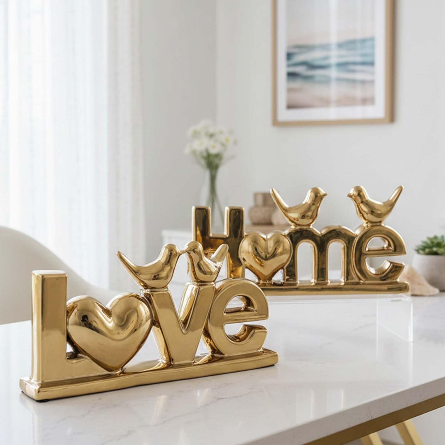 PlivBloom Love Sign Decor,Gold Room Decor Aesthetic, Knick Knack Shelf,Bird Decor, Boho Bookshelf,Abstract Statue,for Living Room,Bedroom, Contemporary Tv Stand Set of 2 (2, Gold Plated)