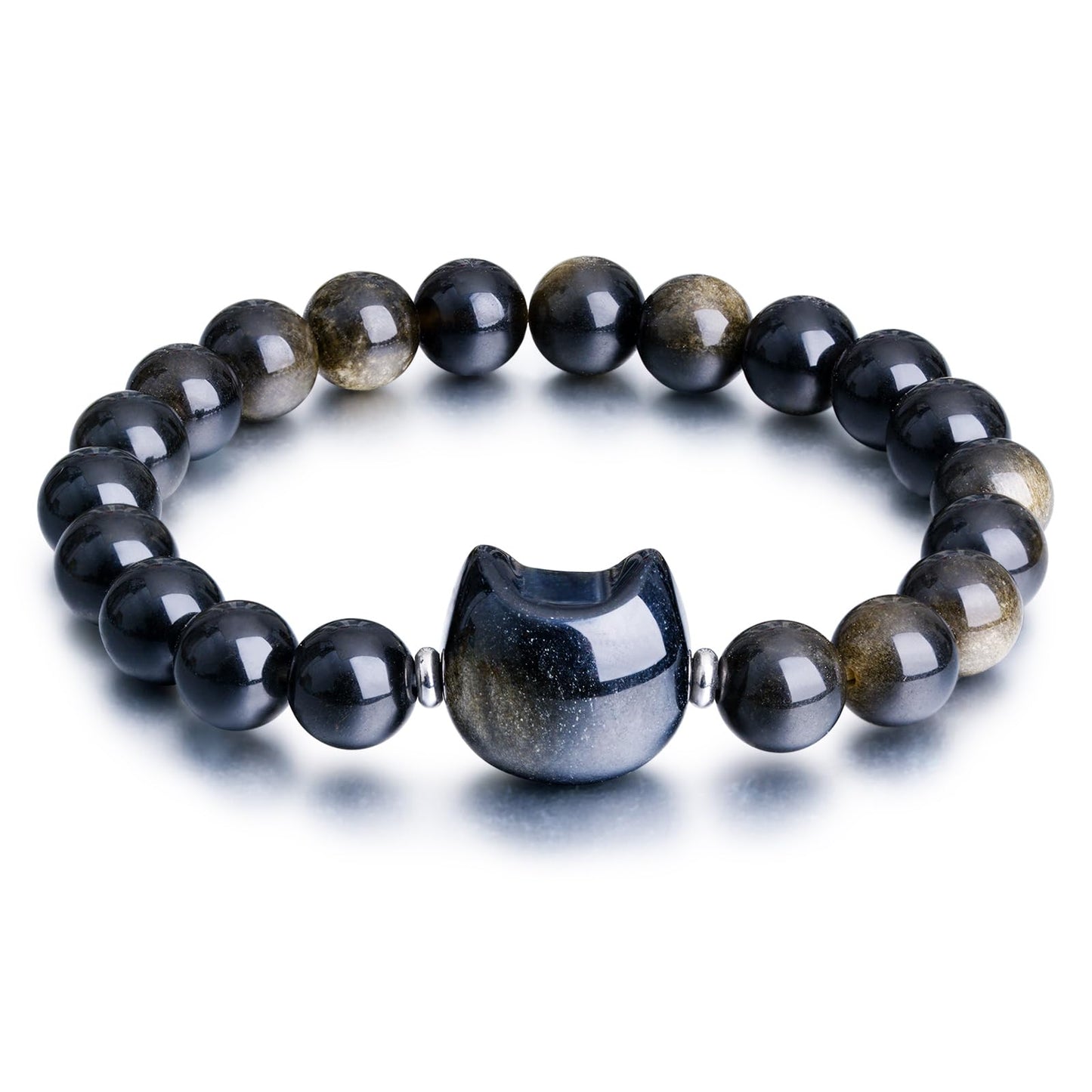 Beaded Bracelets for Women, Black Obsidian Money Attraction Bracelet, 8mm Healing Relax Anxiety Luck Crystal Bead Bracelets, Adjustable Jewelry Feng Shui Stretch Bracelet Cat Lover Gifts for Women Men