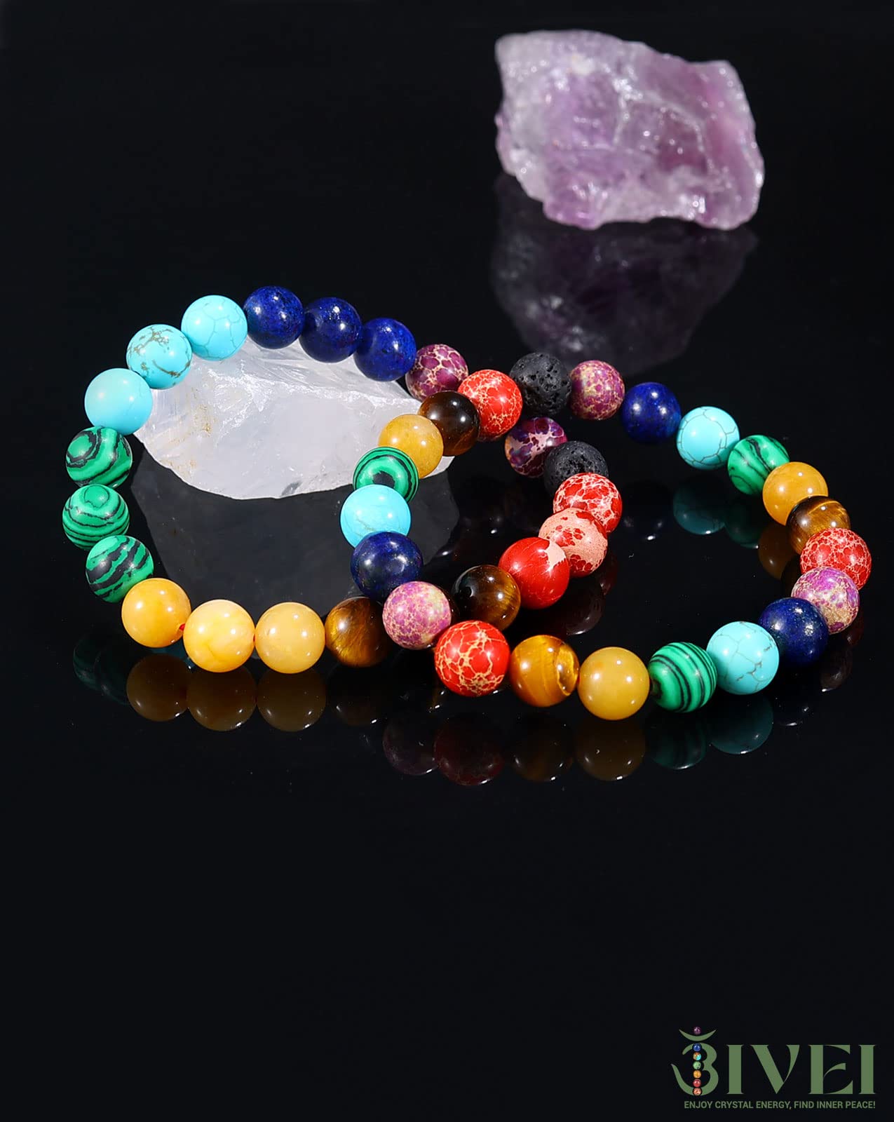 Bivei Natural Gemstone Semi Precious Crystals Handmade Stretchy Round Beads Bracelet, Enhance Positive Energy,Stocking Stuffers for Women(Chakra Bracelet (Inner Balance) Medium)