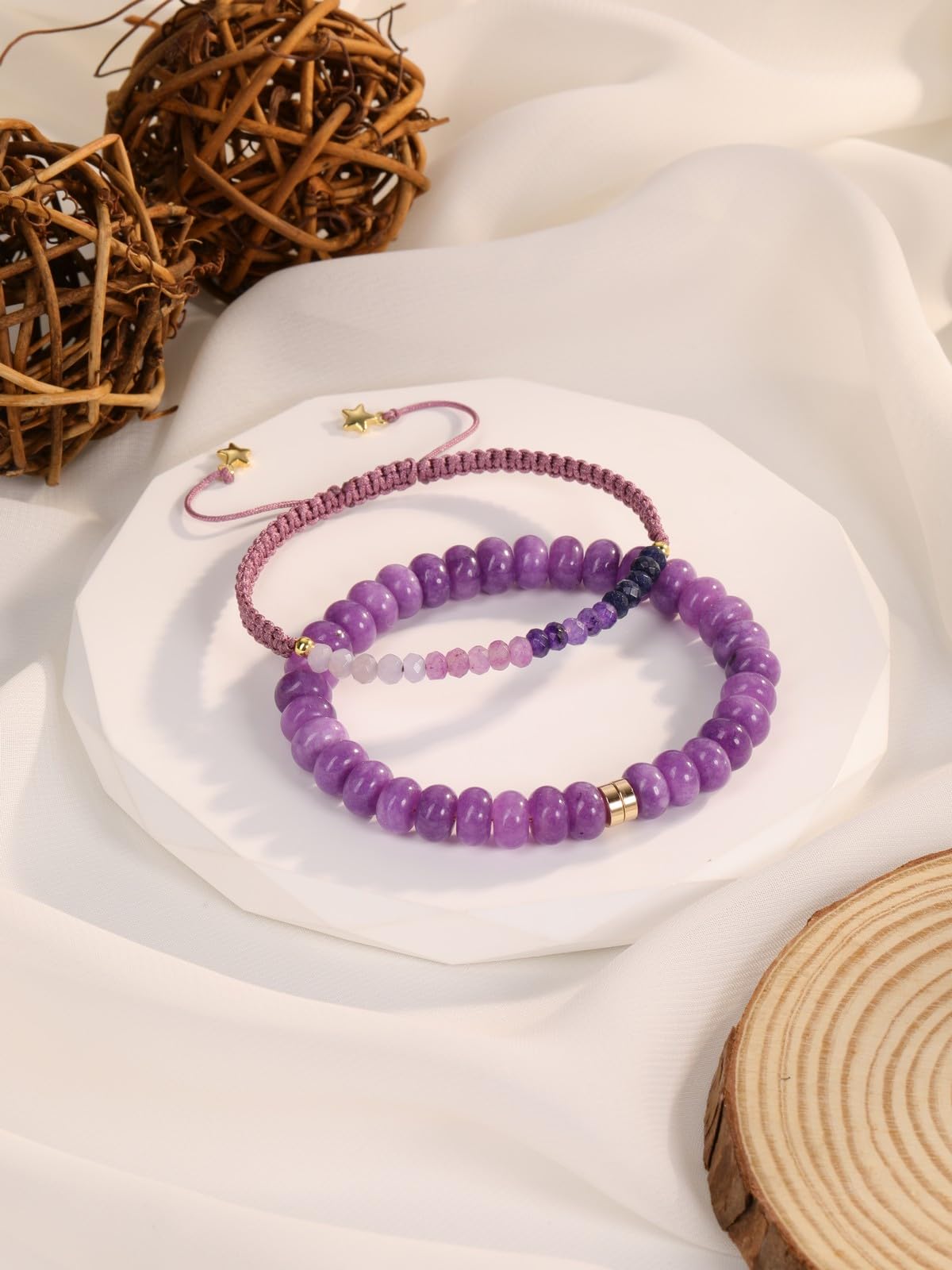 CrystalTears Purple Jade Beaded Bracelets for Women, 2pcs Stackable Boho Crystal Gemstone Bracelets Set with Stretch Bracelet and Adjustable Braided Bracelet Summer Beach Jewelry Gifts for Women Her