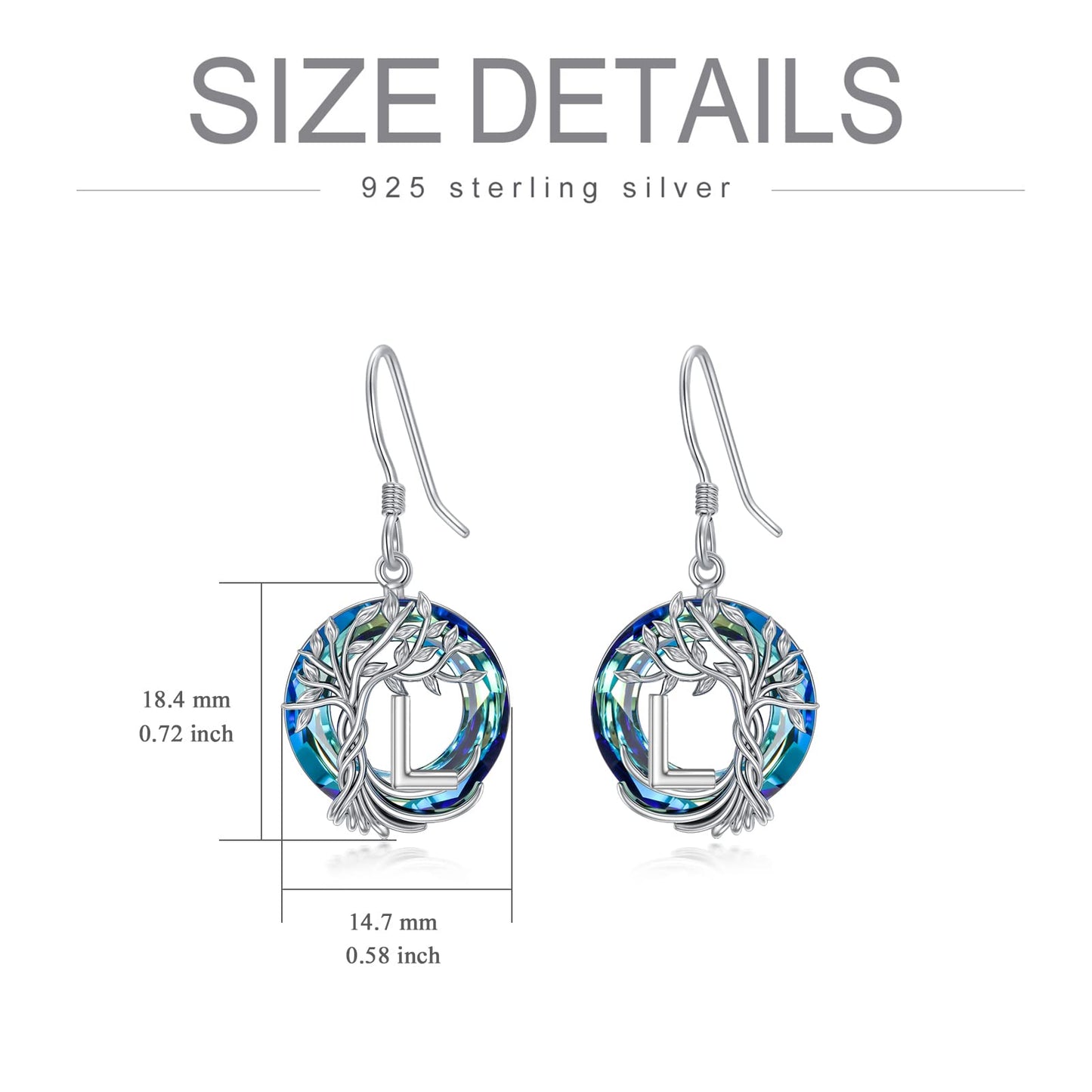 TOUPOP Tree of Life Initial Earrings Sterling Silver Initial L Letter Drop Dangle Earrings Blue Circle Crystal Family Tree Jewelry Birthday Mothers Day Gifts for Women Mom Her