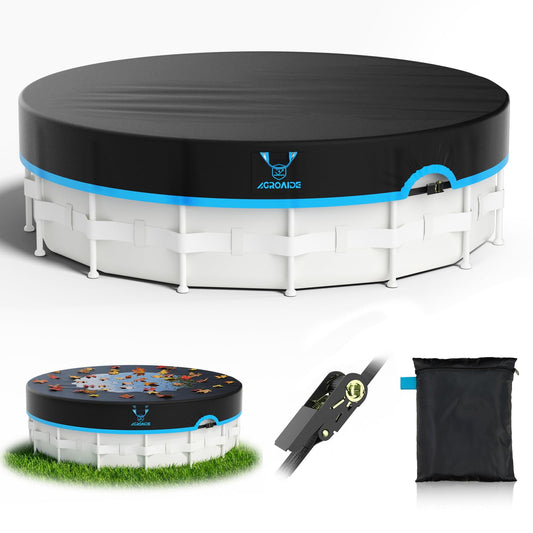 AGROAIDE 10ft Pool Cover, 420D Oxford Fabric for Above Ground Pool with Ratchet Tie Downs - All Season Use, Tear Resistant, UV & Dust Proof