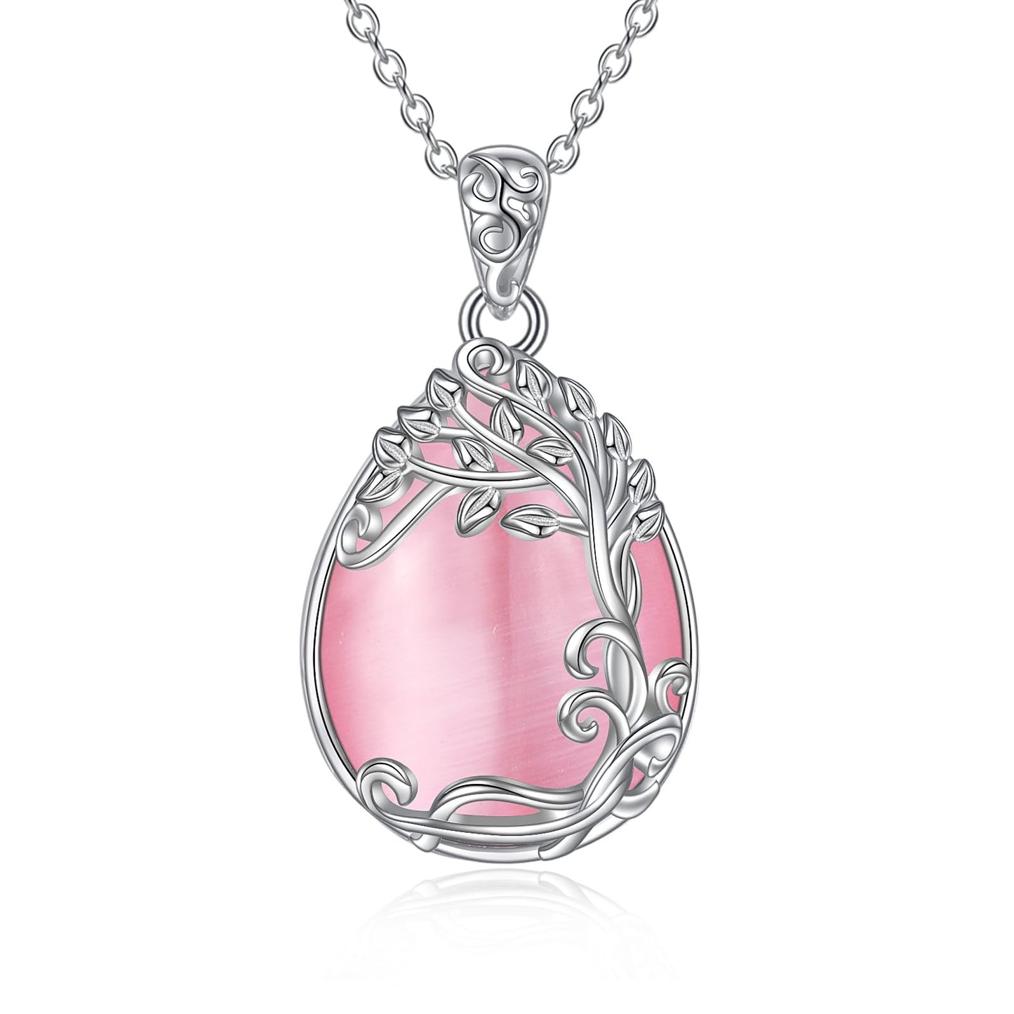 YAFEINI Tree of Life Necklace 925 Sterling Silver Pink Natural Stone Necklace Pendant Jewelry for Women (PP-Tree of Life Pink Opal Necklace)