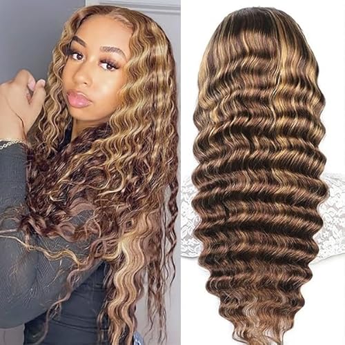 4/27 Deep Wave Lace Front Wigs Human Hair Honey Blonde Highlight Ombre Wigs Human Hair for Women 180 Density 13x4 HD Transparent Lace Frontal Wigs Pre Plucked with Baby Hair 22 Inch