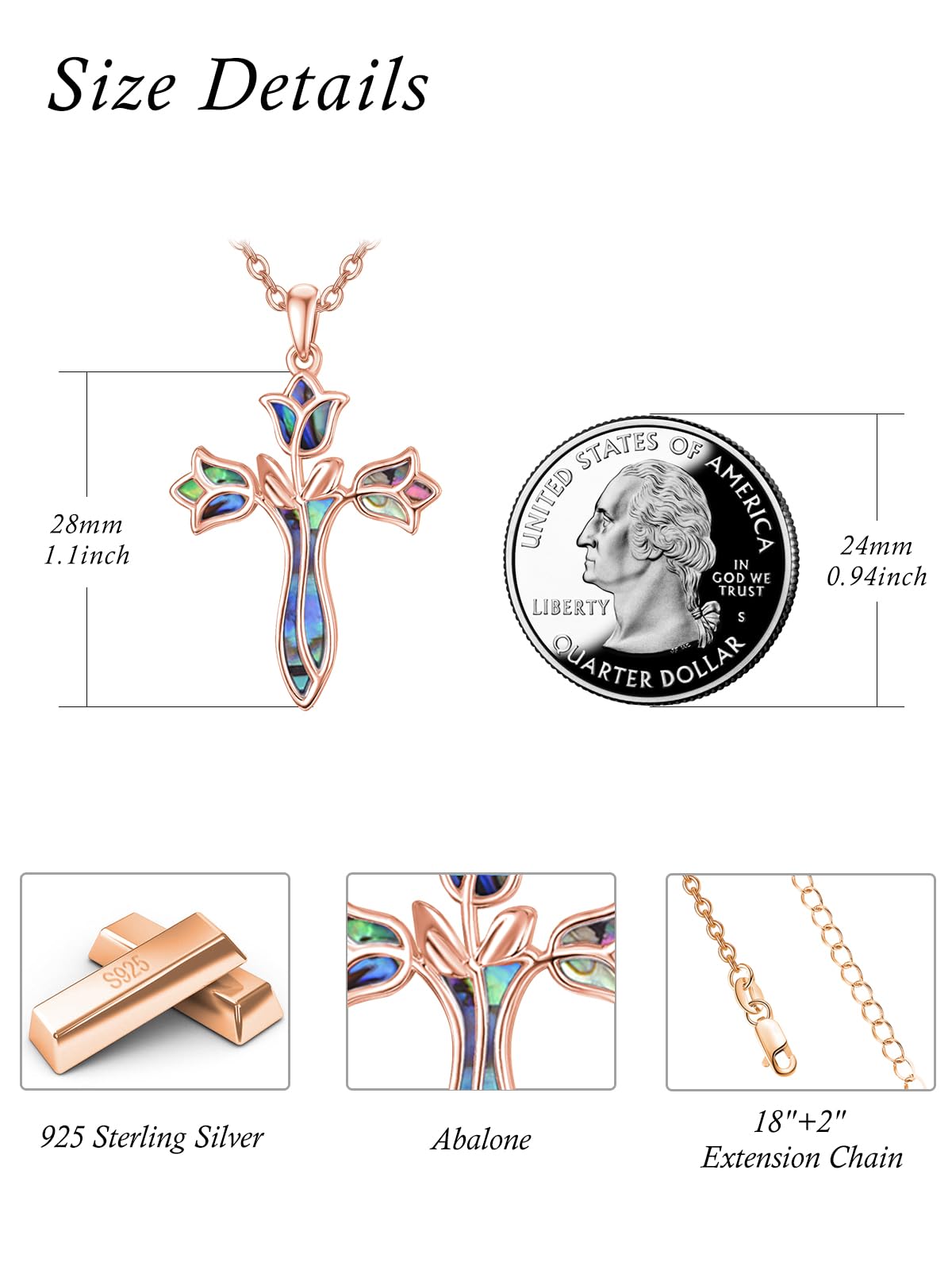 Dreamboat Rose Gold Plated Cross Necklace for Women Sterling Silver Cross Pendant Christian Necklace Tulip Abalone Shell Faith Confirmation Gifts Religious Jewelry for Mom