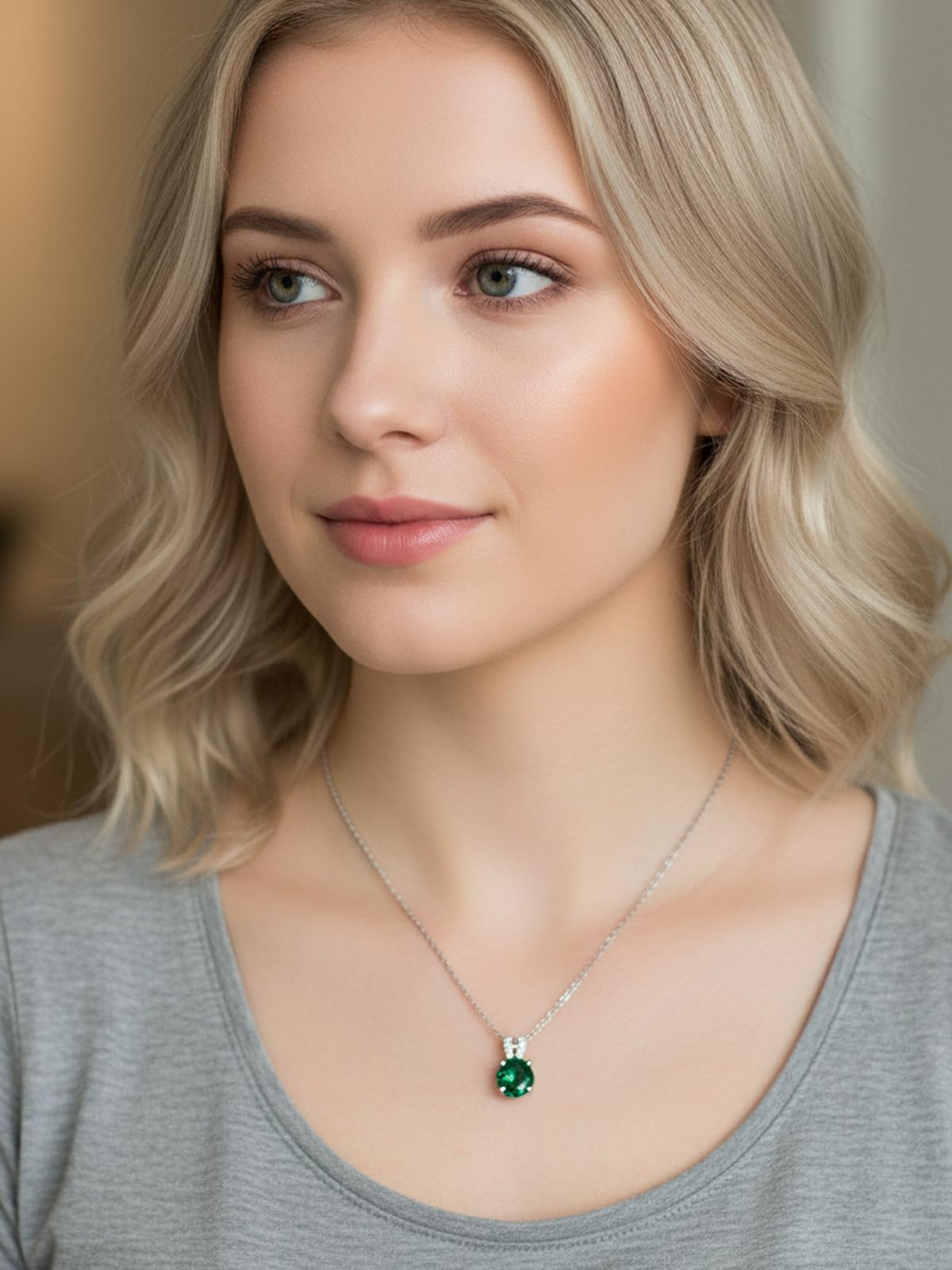 CYW 1 Carat Green Emerald Small Round Necklace for Women 925 Sterling Silver Solitaire Pendant Necklace