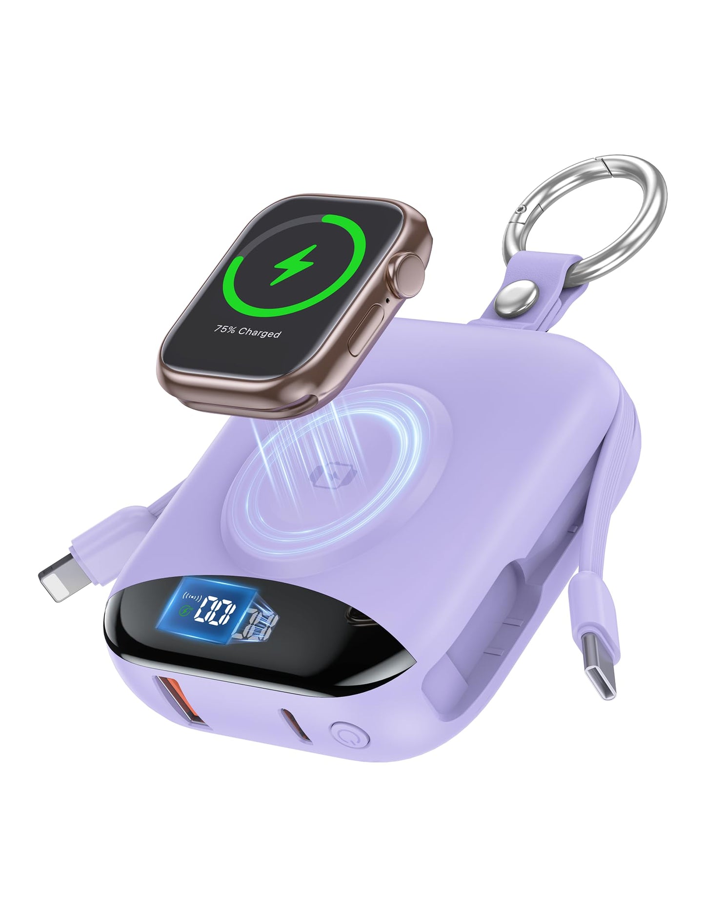 Portable Charger, 10000mAh 22.5W Fast Charging Power Bank with Built-in Cables, Travel Essentials Battery Pack with LED Display for iPhone, Portable iWatch Charger for 11/10/9/8/7/6/5/SE/Ultra Purple