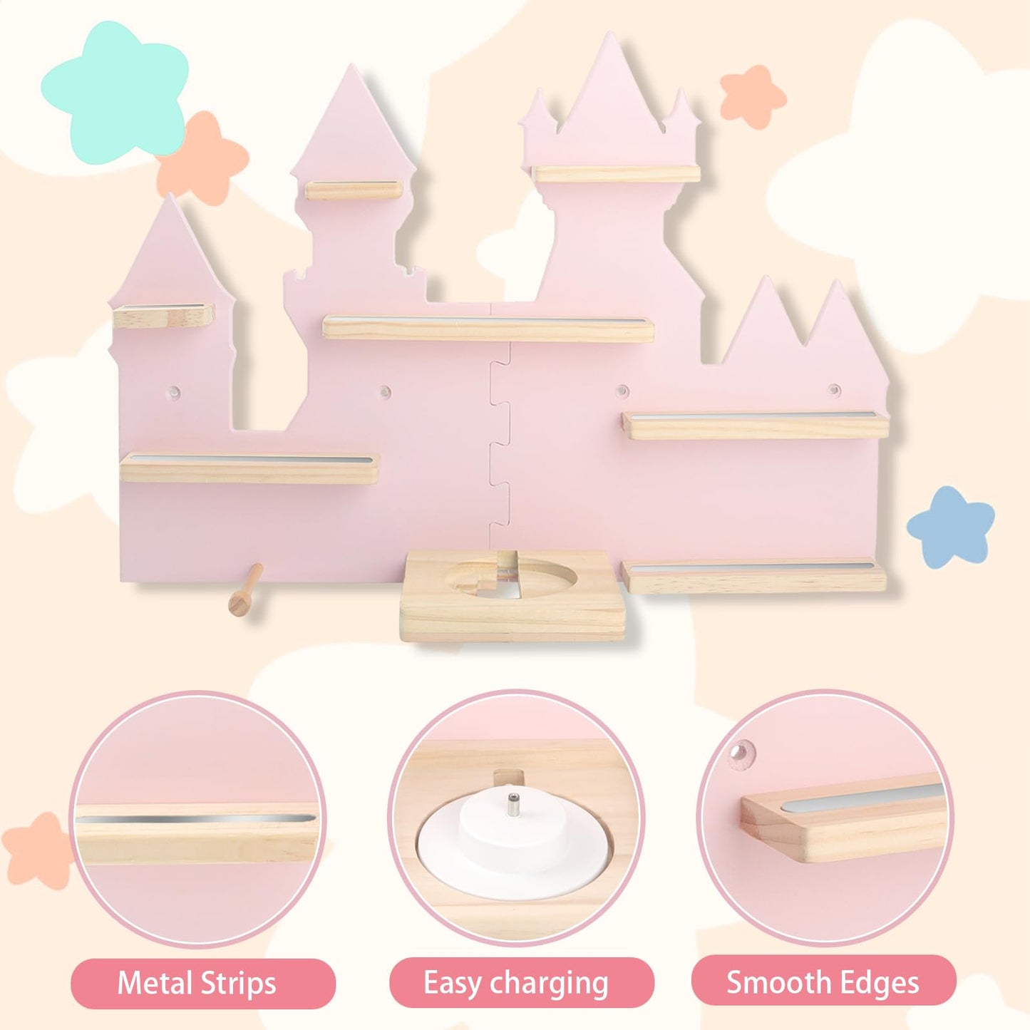 for Toniebox 2 and Toniebox 1 Tonie Shelf Wall Mounted Set,Tonies Figures Tonies Storage,Magnetic Wooden Floating Shelves Compatible with Tonie box Player Character for Children Room (pink-castles)