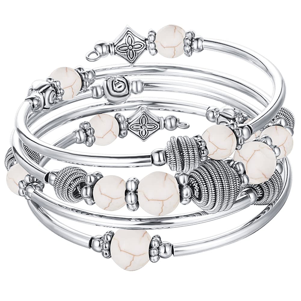 PEARL&CLUB Beaded Chakra Bangle Turquoise Bracelet - Fashion Jewelry Wrap Bracelet with Thick Silver Metal and Mala Beads, Birthday Gifts For Women(White Turquoise)