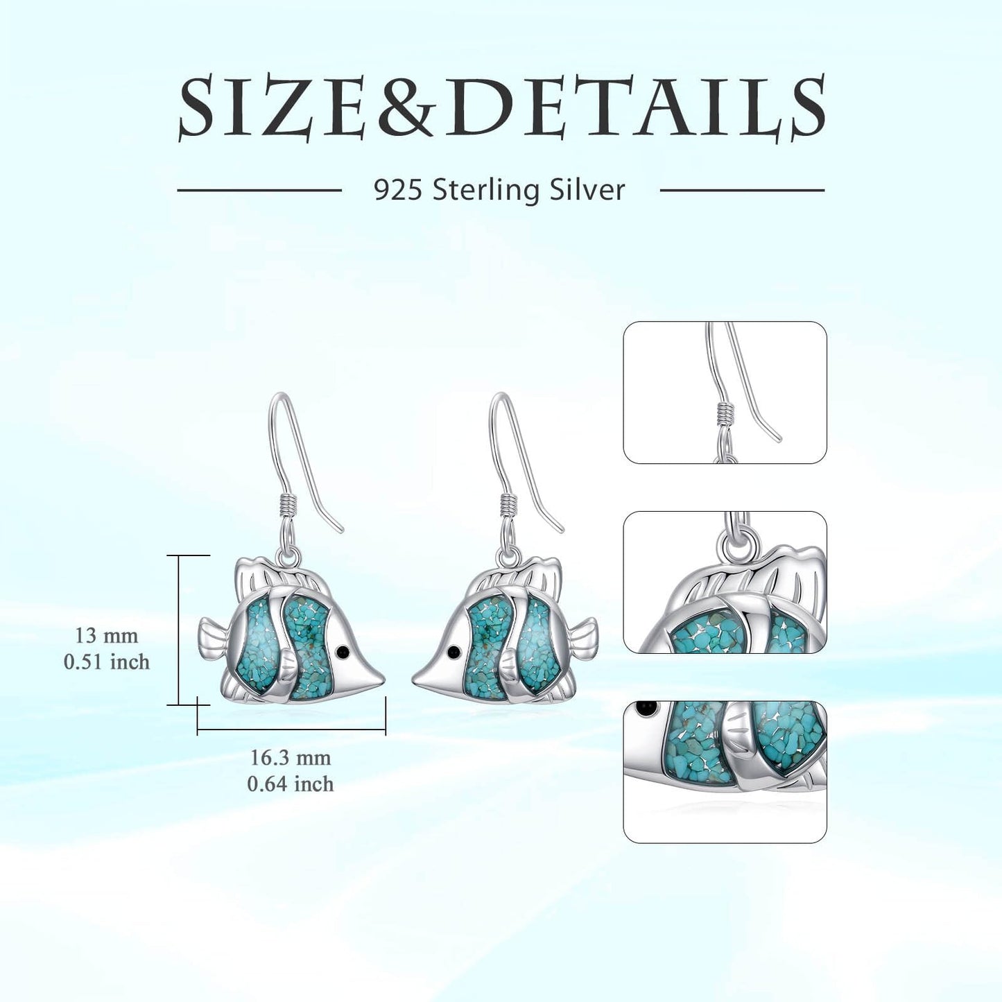 HPQQ Fish Earrings 925 Sterling Silver Turquoise Fish Dangle Earrings Ocean Beach Themed Jewelry Mother's Day Jewelry Gifts for Women