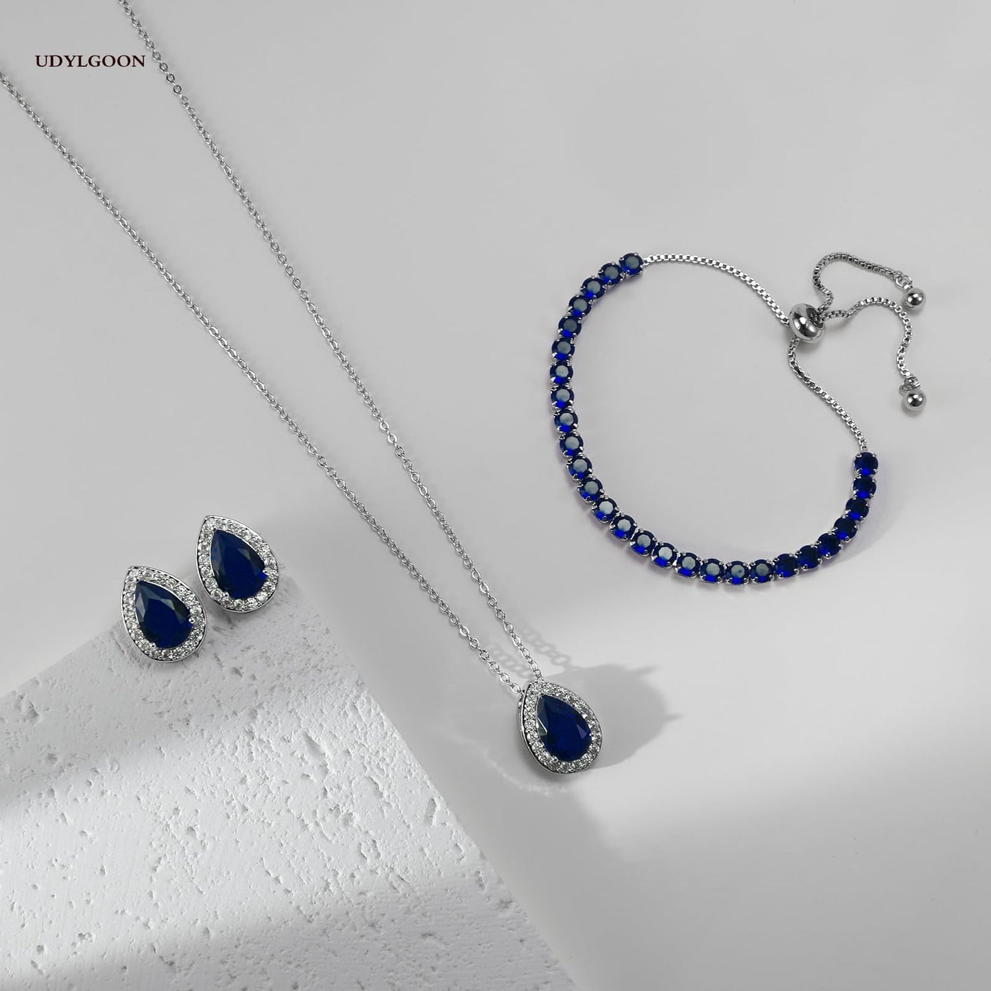 UDYLGOON Teardrop CZ Bridal Jewelry Set Imitation Diamond Earrings Necklace Bracelet for Bride Bridesmaids Wedding Prom Party (Tenni-Royal Blue)