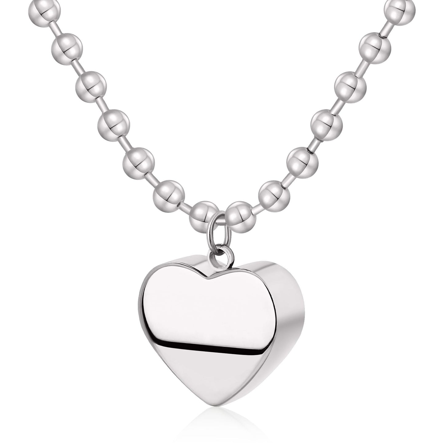 BONJOULRY Titanium Heart Necklace Silver, Chunky Heart Necklace for Women Titanium Steel Chunky Heart Necklaces Ball Beaded Chain Hypoallergenic Silver Charm Necklace Jewelry Gift for Women