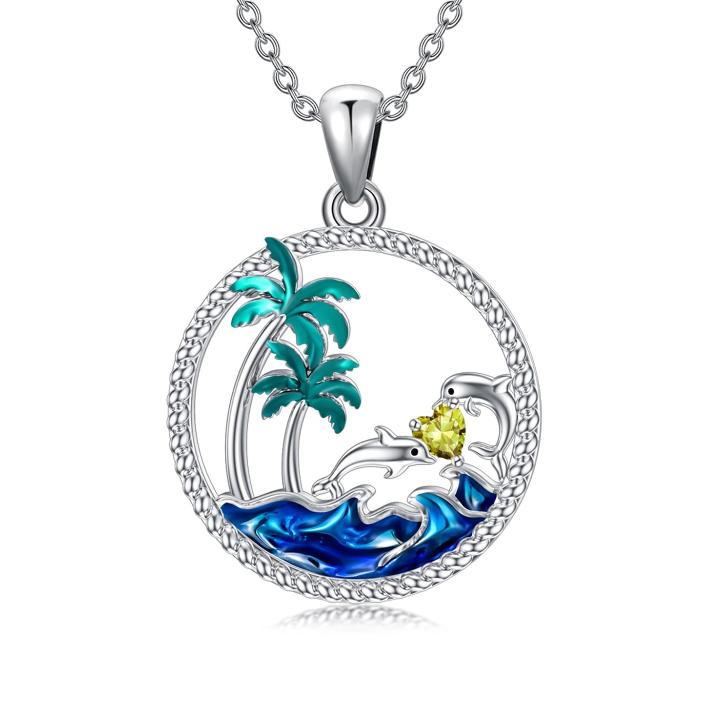 PROESS Dolphin Necklace Sterling Silver August Birthstone Necklace Palm Tree Beach Jewelry Ocean Animal Gifts for Women Daughter