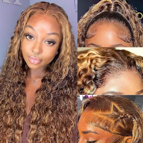 Honey Blonde 13x6 Deep Wave Lace Front Wigs Human Hair 22 inch 4/27 Highlight Ombre Deep Wave HD Transparent Lace Front Wigs Pre Plucked 200% Density Wet And Wavy Curly Lace Frontal Wig for Women