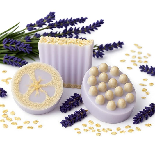 Aqua Marr Lavender Goat Milk Soap Set – 3 Pack Gift Box – Hydrating & Exfoliating Oatmeal Bars – Handmade Natural Soap for Sensitive Skin – 4 oz Each – Made in Miami