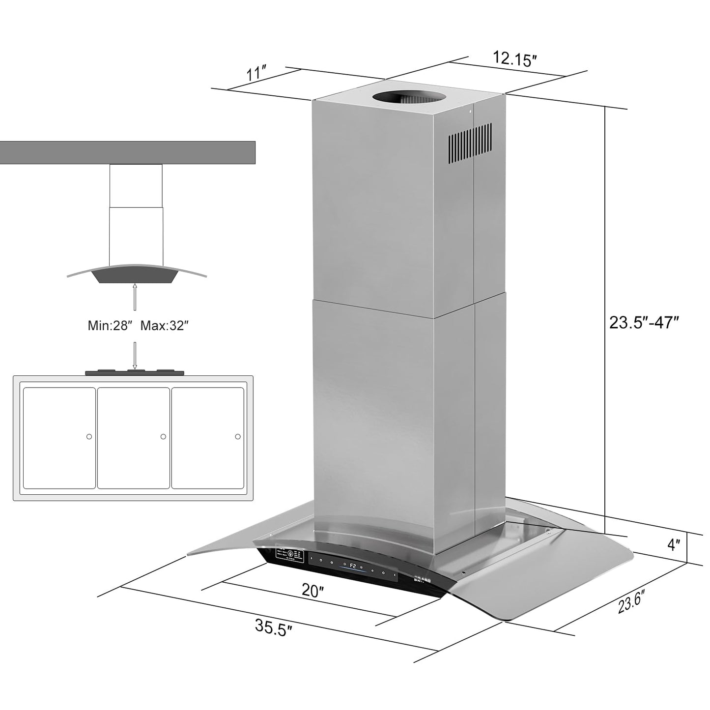 BRANO 36 Inch Island Range Hood, 900 CFM Voice/Gesture/Touch Control Ceiling Vent Hood with 4 Speed Exhaust Fan, 4 LED Lights, Memory Mode, Ducted/Ductless Convertible with 2 Charcoal Filter