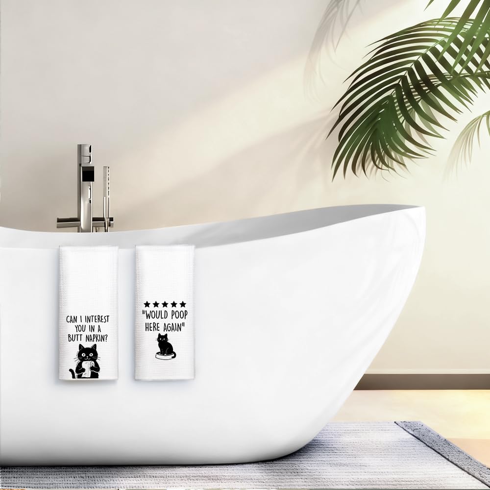 ZBBFSCSB Can I Interest You in a Butt Napkin Hand Towels 2 Pack, Funny Black Cat Bathroom Decor Hand Towels, Black Cat Humorous Saying Hand Towel for Women Pet Owner Hostess Sister BFF Friend