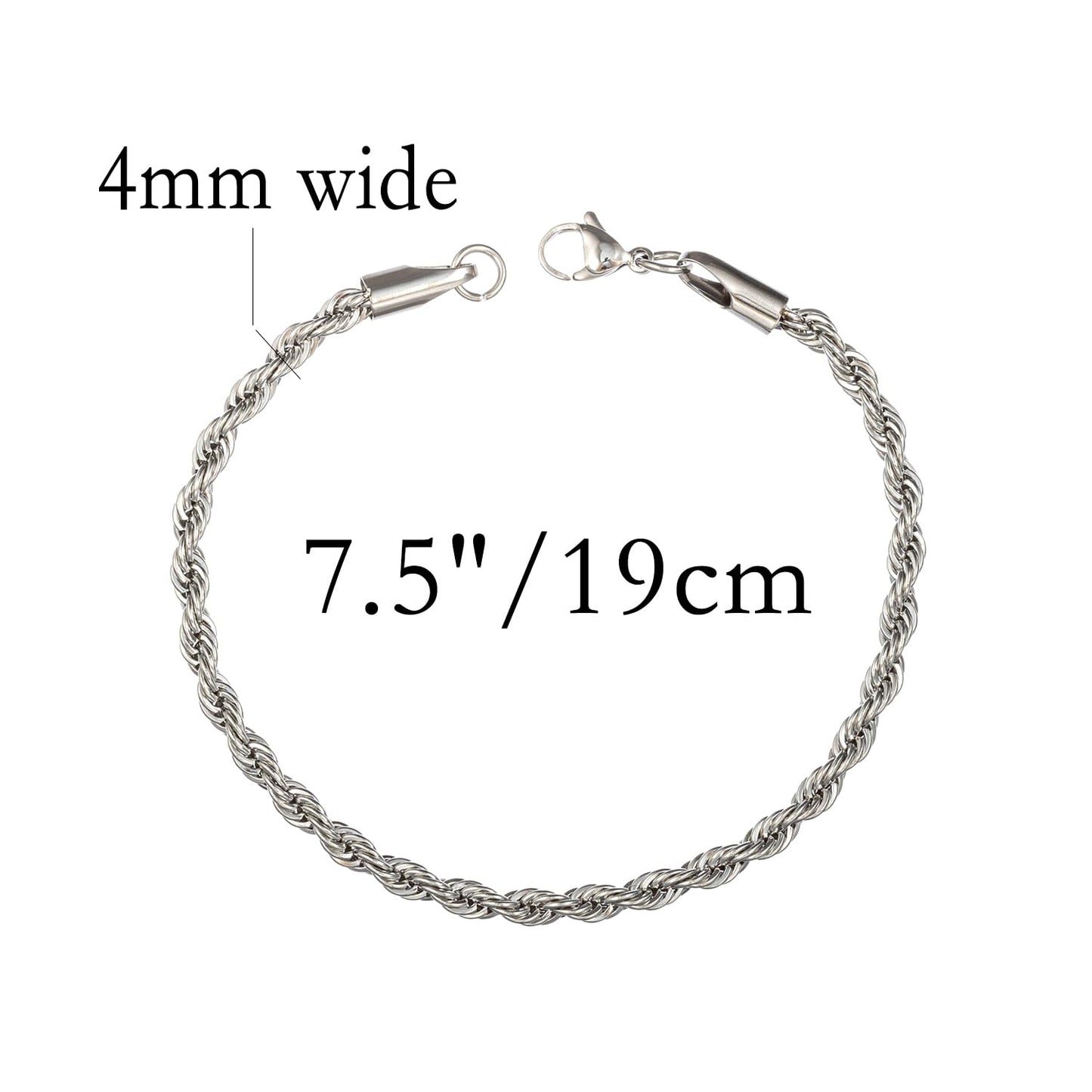 yipima Stainless Steel Rope Link Chain Bracelet for Women Men, Silver Tone / 14K gold Plated 3/4/5/6mm wide Rope Chain Bracelets, 7.5" or 8.3" (stainless steel-4mm, 7.5)