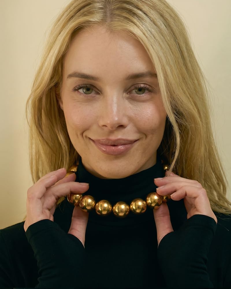 FAUTHENTICUTE Chunky Gold Beaded Necklace for Women Large Round Beads Statement Choker Necklace With Adjustable Extender Chain Trendy Gold Bead Necklace Fashion Boho Summer Beach Jewelry Gifts