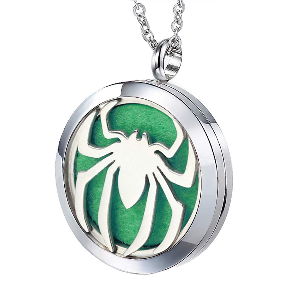 Popeoiuh Essential Oil Diffuser Necklace - Aromatherapy Stainless Steel Spider Pattern Locket Pendant Jewelry Set for Birthday Christmas Halloween Women Men Teen