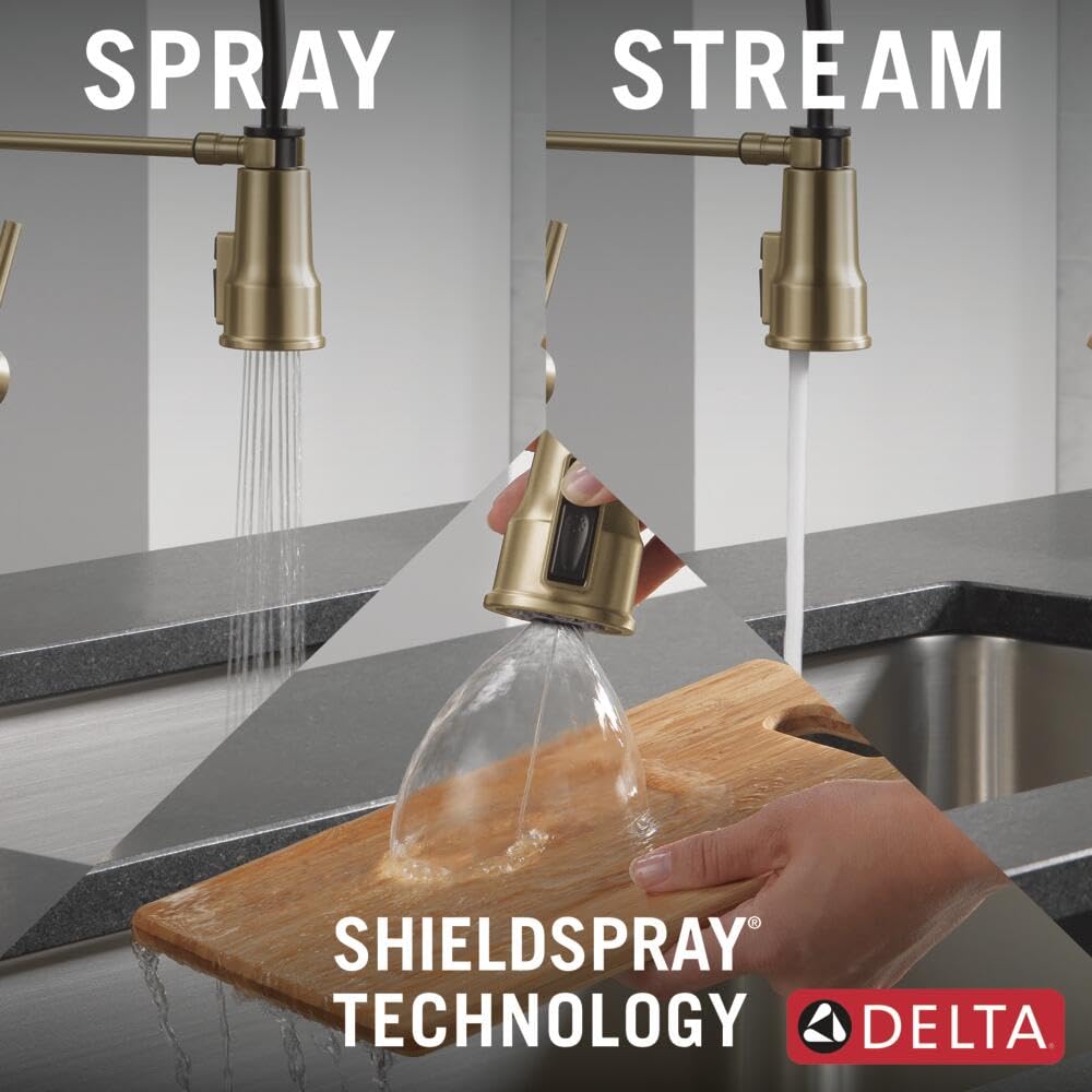 Delta Theodora Pro Style Commercial Kitchen Faucet with Pull Down Sprayer, Single Hole Brushed Gold Kitchen Sink Faucet, Single Handle, Champagne Bronze 18804Z-CZ-DST