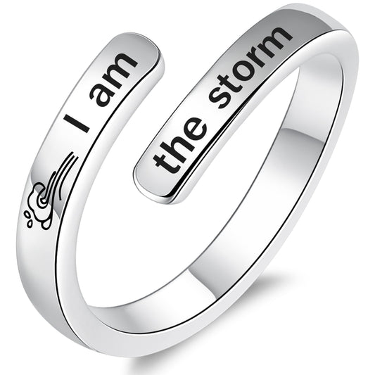925 Sterling Silver Inspirational Jewelry Adjustable Wrap Open Ring Encouragement Gift for Women(I am the storm 3)