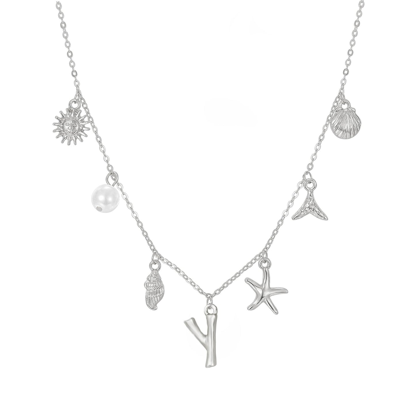 JALZEMPL Initial Charm Necklace For Women Seashell Shell Letter Boho Summer Beach Starfish 14k Gold Plated Silver Pendant Surfer Jewelry Gifts (Y,Silver)