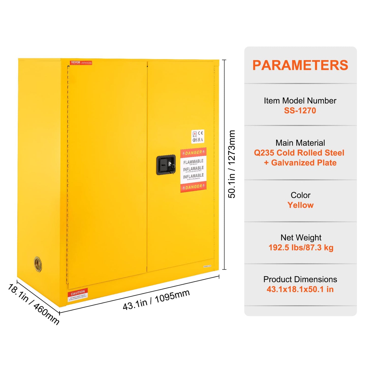 VEVOR Flammable Safety Cabinet 43.1 x 18.1 x 50.1, Cold-Rolled Steel Flammable Liquid Storage Cabinet 34 Gal with 2 Adjustable Shelves/2 Manual Closing Doors for Industrial Use, Yellow