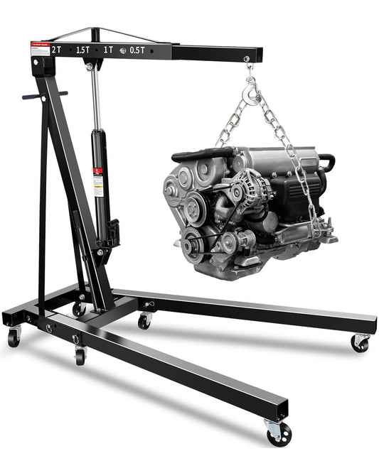 2-Ton Shop Crane, Hydraulic Folding Engine Hoist w/6 Steel Casters - Lift Car Transmissions, Boat Motors, Farm Equipment (Net Wt. 157 lbs)