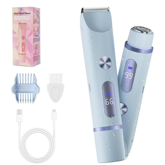 2-in-1 Bikini Trimmer for Women, Bikini Shaver with Dual Heads, Body and Facial Hair Removal, Cordless Rechargeable Electric Razors for Face Chin Pubic Underarm Legs, IPX7 Waterproof, Blue
