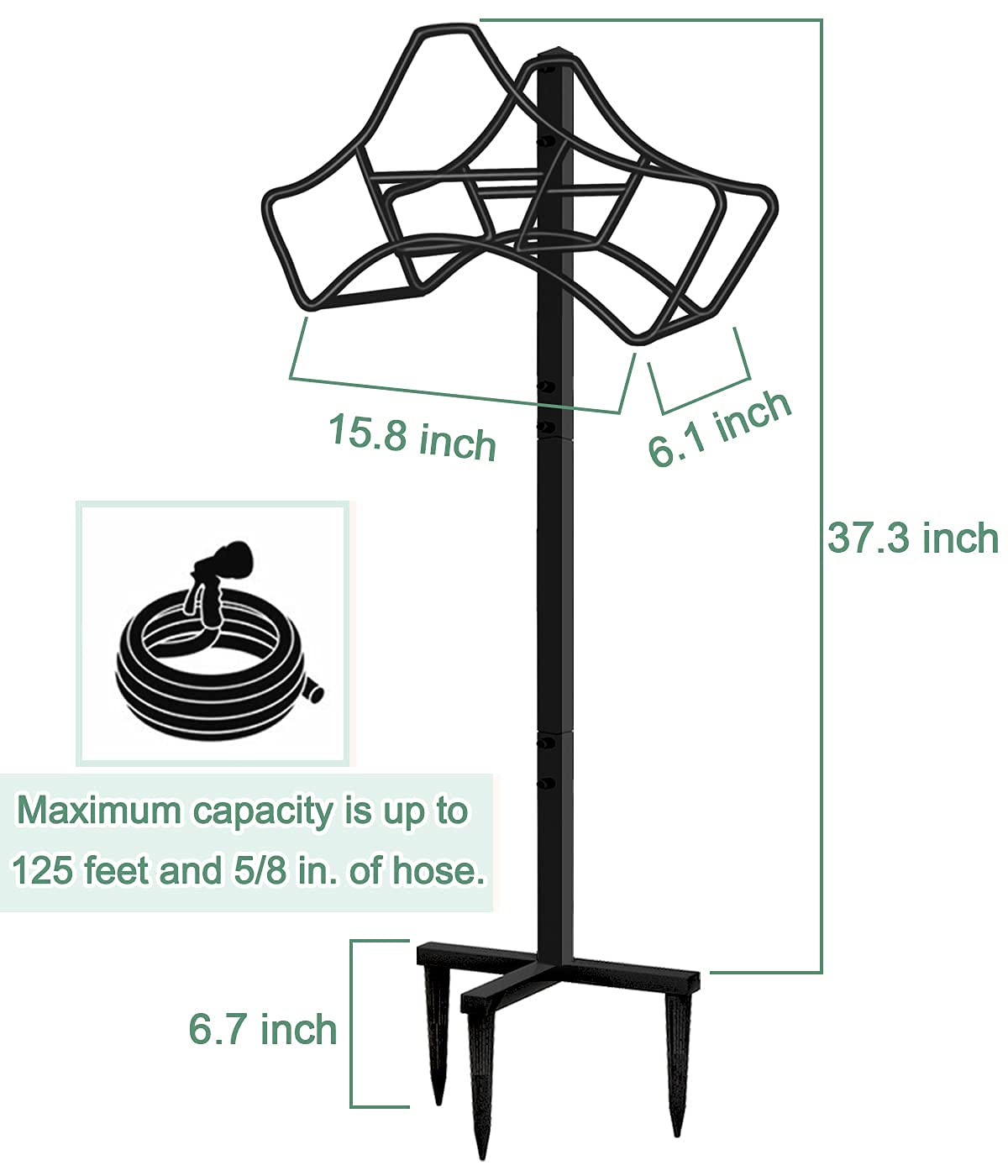 Garbuildman Garden Hose Holder with 3 Spikes, Freestanding Metal Hose Stand for Outdoor Garden, Detachable Hose Storage Rack for Lawn & Yard, Volcano Black