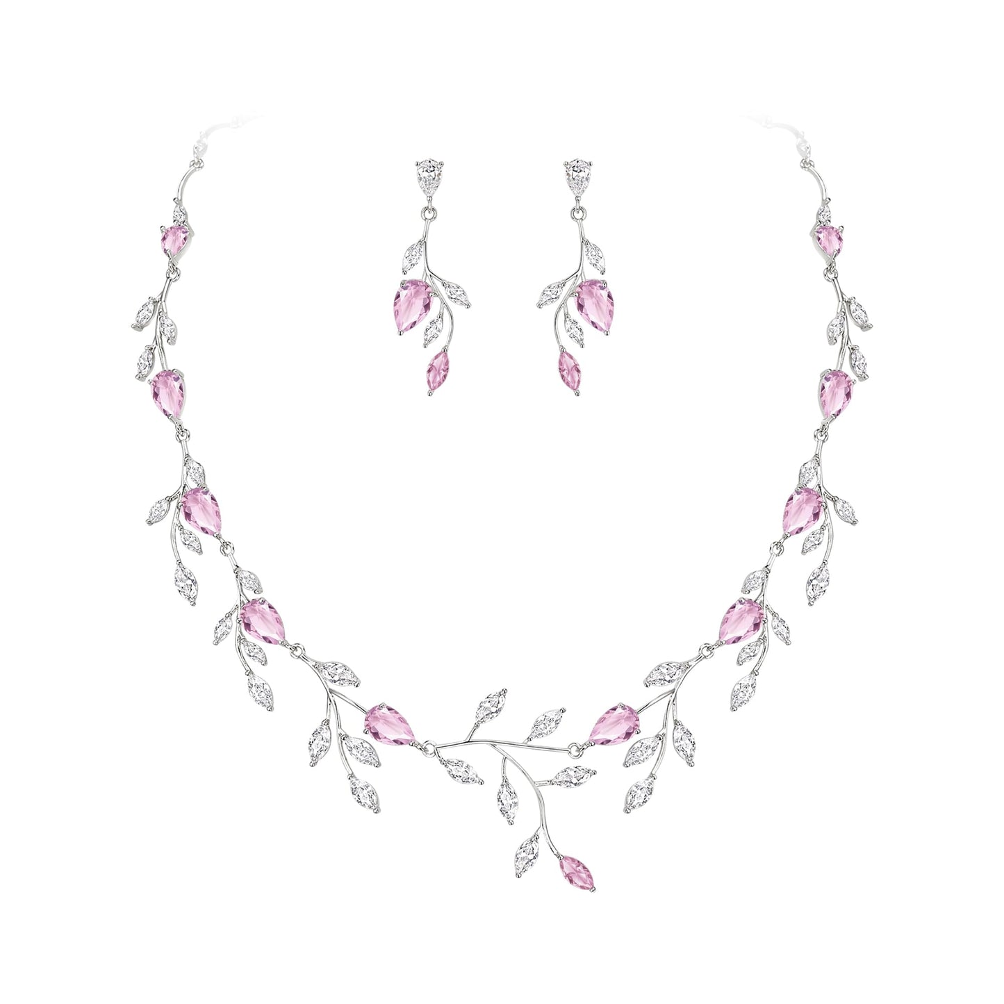 EVER FAITH Women's Wedding Jewelry Sparkly Pink Cubic Zirconia Pear-Shaped Teardrop Bridal Birthstone Necklace Earrings Set for Prom Party