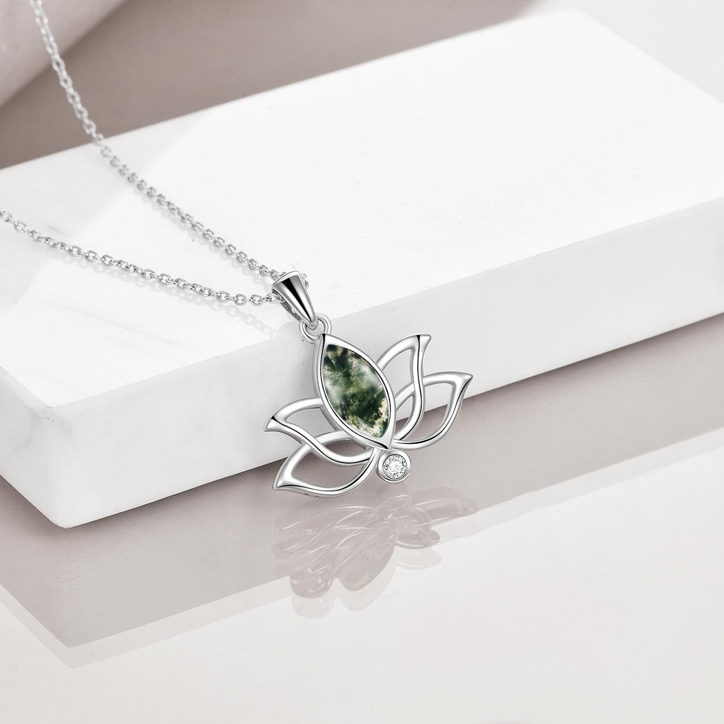 YFN Lotus Flower Necklace Sterling Silver Moss Agate Lotus Pendant Lotus Jewelry Gifts for Women