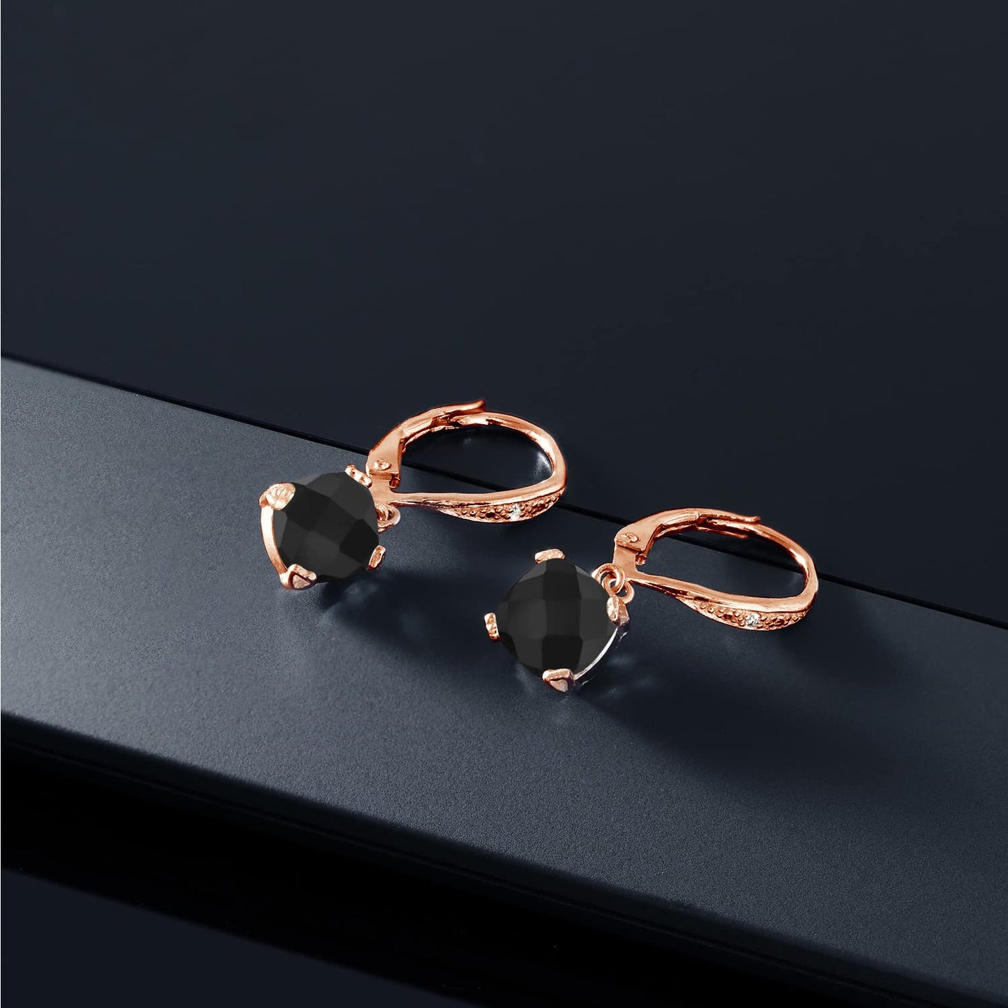 Gem Stone King Drop Dangle Earrings For Women | 7MM Cushion Cut Gemstone Birthstone and Diamond | 925 Sterling Silver | Jewelry Gift for Mom Wife Her | Onyx-Checkerboard-December | Rose Gold