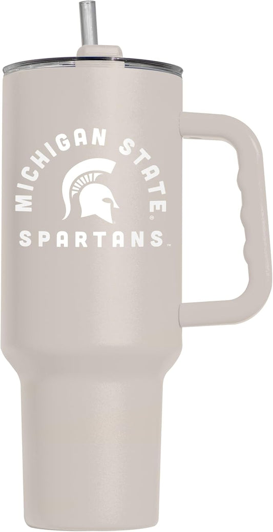Logo Brands NCAA Michigan State Spartans Sand 40 oz Tumbler with Handle - Stylish Everyday Use Powder Coated-Stainless Steel with Straw- Keeps Cold For Hours