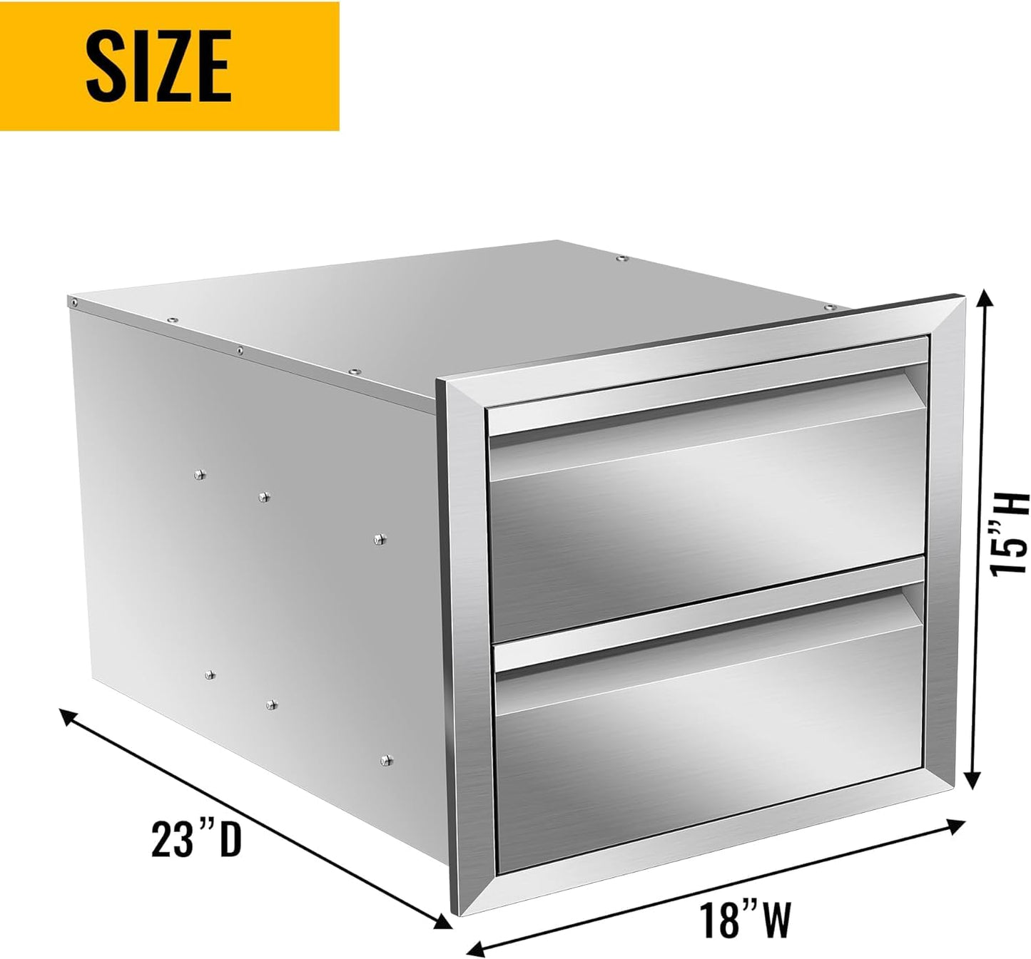 Outdoor Kitchen Drawers 18" W x 15" H x 23" D Inch Stainless Steel Flush Mount BBQ Double Drawers for Outdoor Kitchen Island, or Patio Grill Station