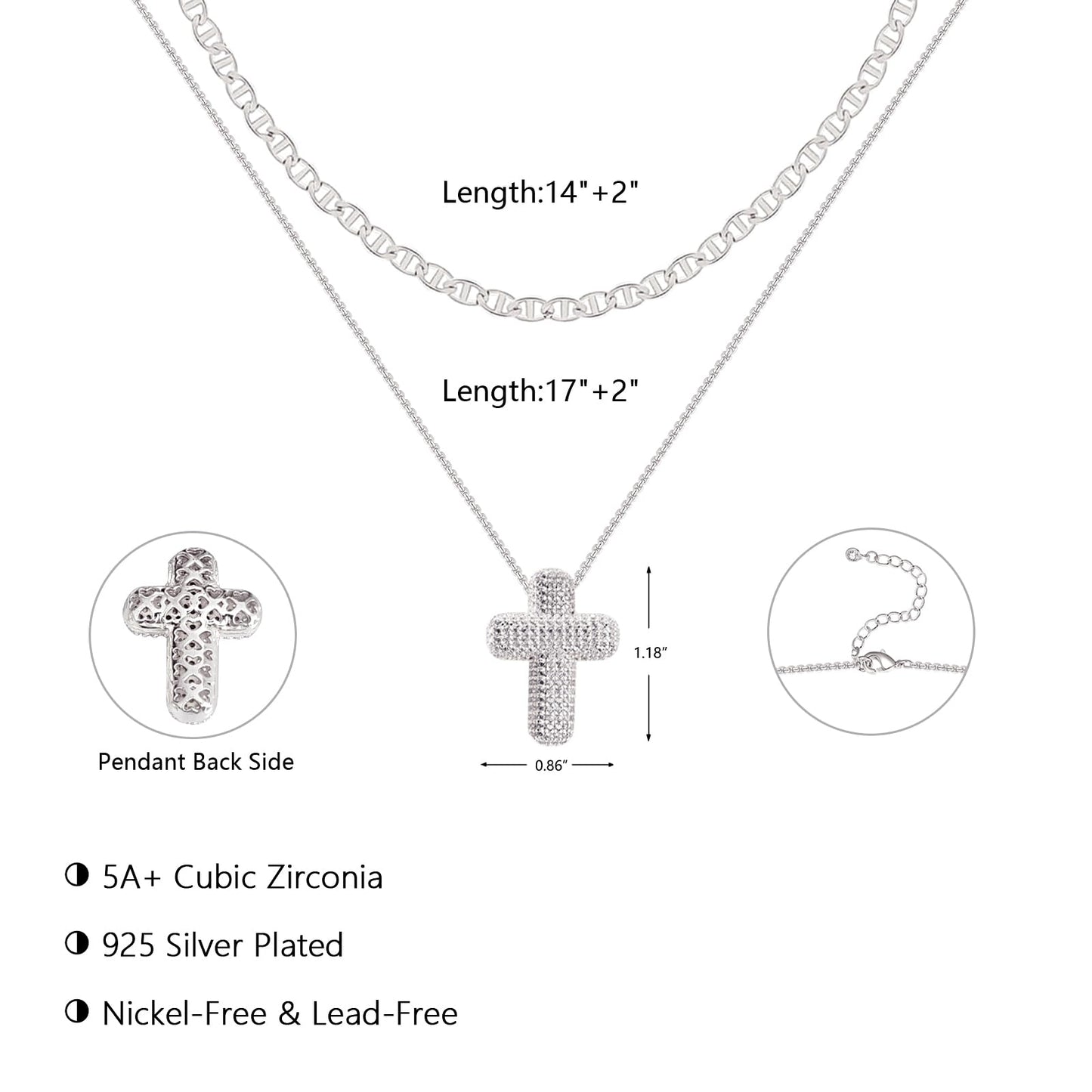 OGD Layered Silver Necklaces for Women 925 Silver Plated Cross Necklace for Women Stackable Stacked Stacking Dainty Necklace Mariner Chain Necklace CZ Cross Pendant Necklaces Set Simple Jewelry Gift