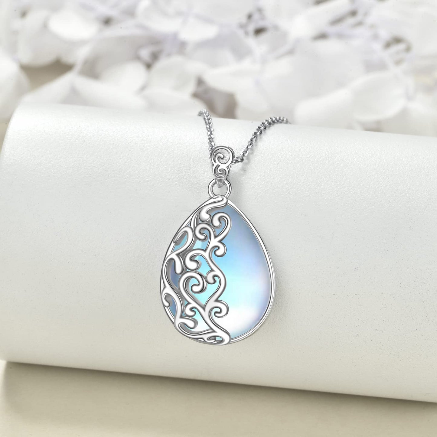 YAFEINI 925 Sterling Silver Moonstone Necklace Filigree Teardrop Pendant Necklace Jewelry for Women (D-Filigree Moonstone Necklace)