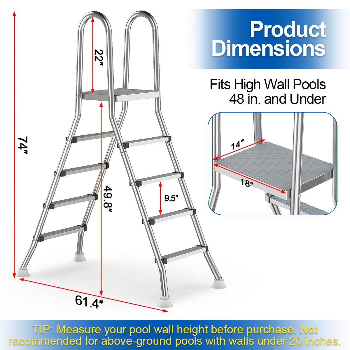 Abimars Above Ground Pool Ladder, 304 Stainless Steel Heavy Duty Pool Ladder with Non-Slip Wide Steps, 580 LBS Capacity, Fits 30-48 Inch High Pool Walls, Easy Entry for Outdoor Pools